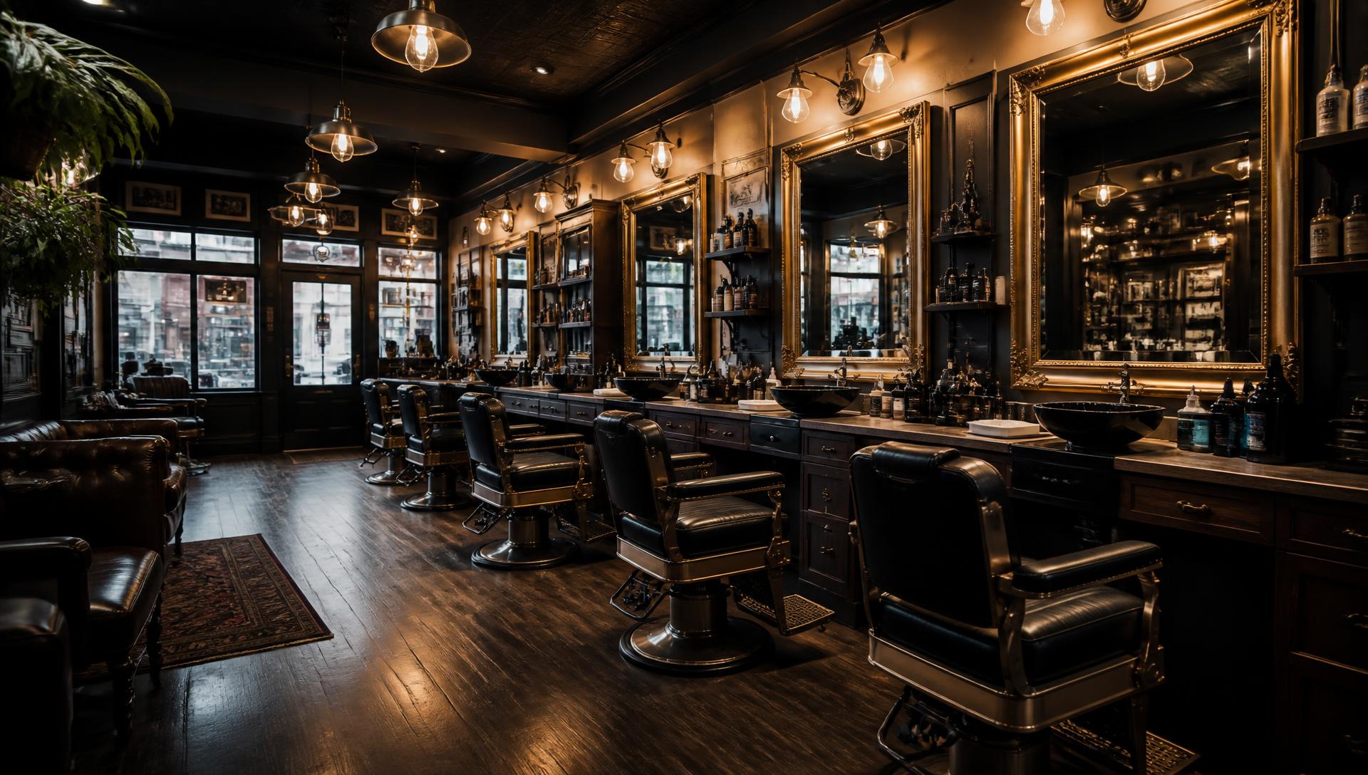 Interno elegante del barbershop con sedie in pelle, specchi dorati e legno scuro